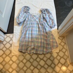 Pastel Plaid Puff-Sleeve Women’s Dress
